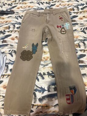 Pilcro Khaki Straight Pants with Embroidered Patch Details